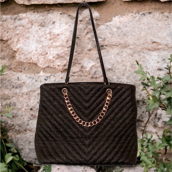 Pinkstix Soft Black Straw Look Woven Shoulder Bag with Gold Chain Vegan Leather - Picture 6 of 6